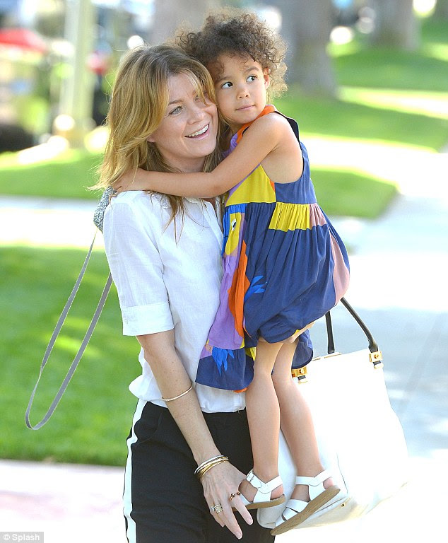 Party with mom! Actress Ellen Pompeo carried 3-year-old daughter Stella Luna into a children's party on Saturday afternoon in Los Angeles