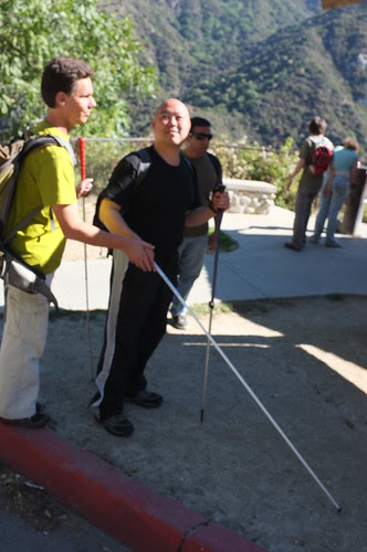 Daniel and Me with long cane in a Parking lot of Big Santa Anita Canyon