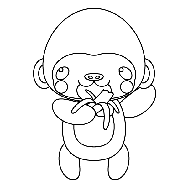 塗り絵に最適な白黒でかわいいバナナを食べるゴリラの無料イラスト 商用フリー オイデ43