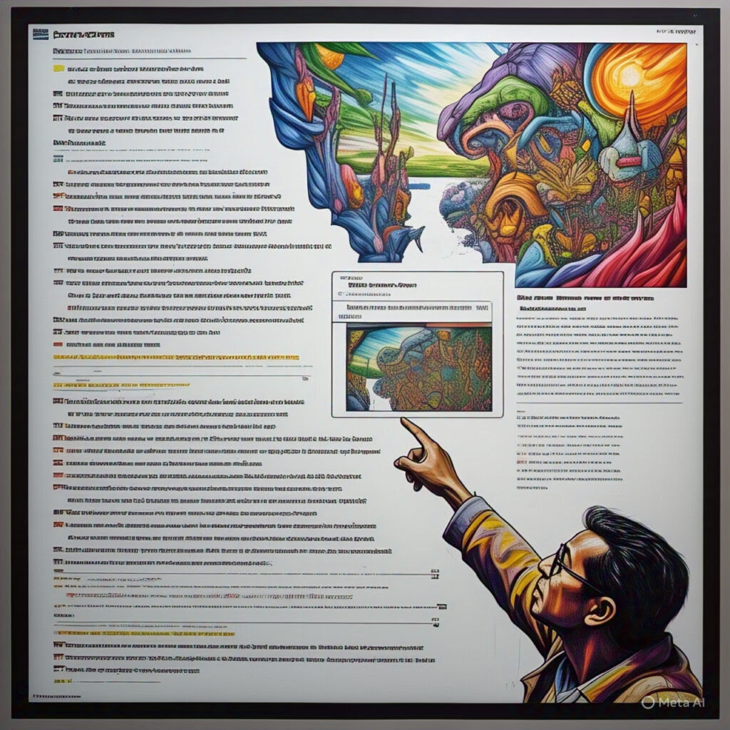 Hyperrealistic sketch of a person pointing from a text list towards a computer screen displaying a detailed image.