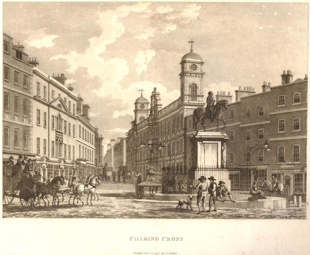 View in Charing Cross looking towards Northumberland House; in the foreground to right is the equestrian statue of Charles I on a raised plinth surrounded by iron railings, figures lounge around base of statue, a coach passes on the left; illustration to the Picturesque Tour.  1795  Etching and aquatint