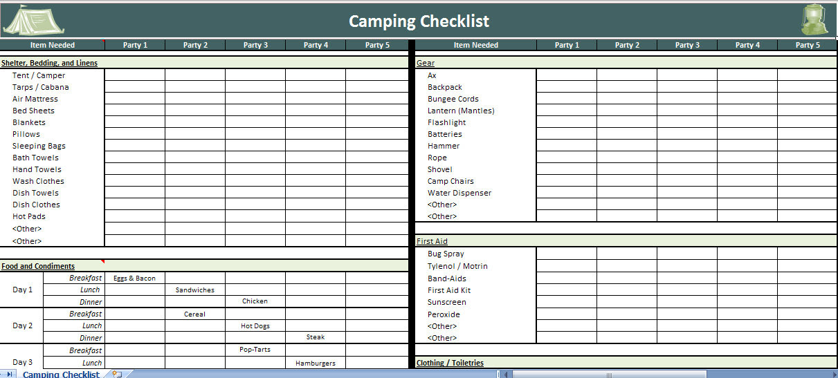 Camping Checklist Excel Template | Excel Camping Checklist
