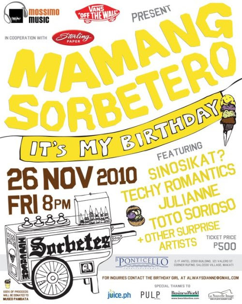 100% proceeds of the event will be donated to Museo Pambata.
Please help us in spreading the word about this event and hope to see you at the event too!
For inquiries, e-mail mymusicph@gmail.com or alwaysdianne@gmail.com
Thanks!