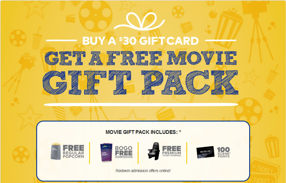 FREE Cineplex Movie Gift Pack when you buy a $30 gift card! - Freebies ...