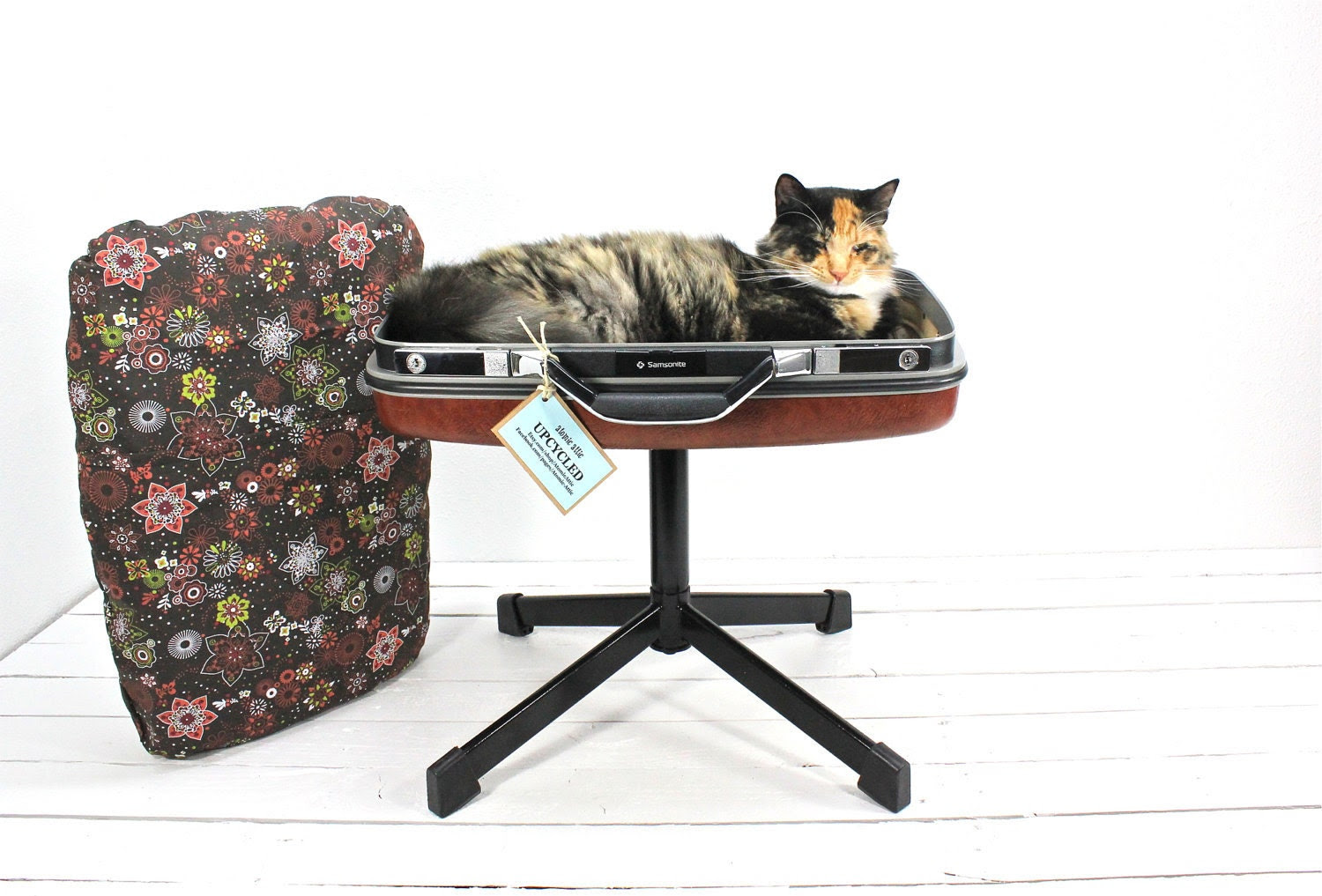 Upcycled Suitcase Pet Bed with Pedestal Base
