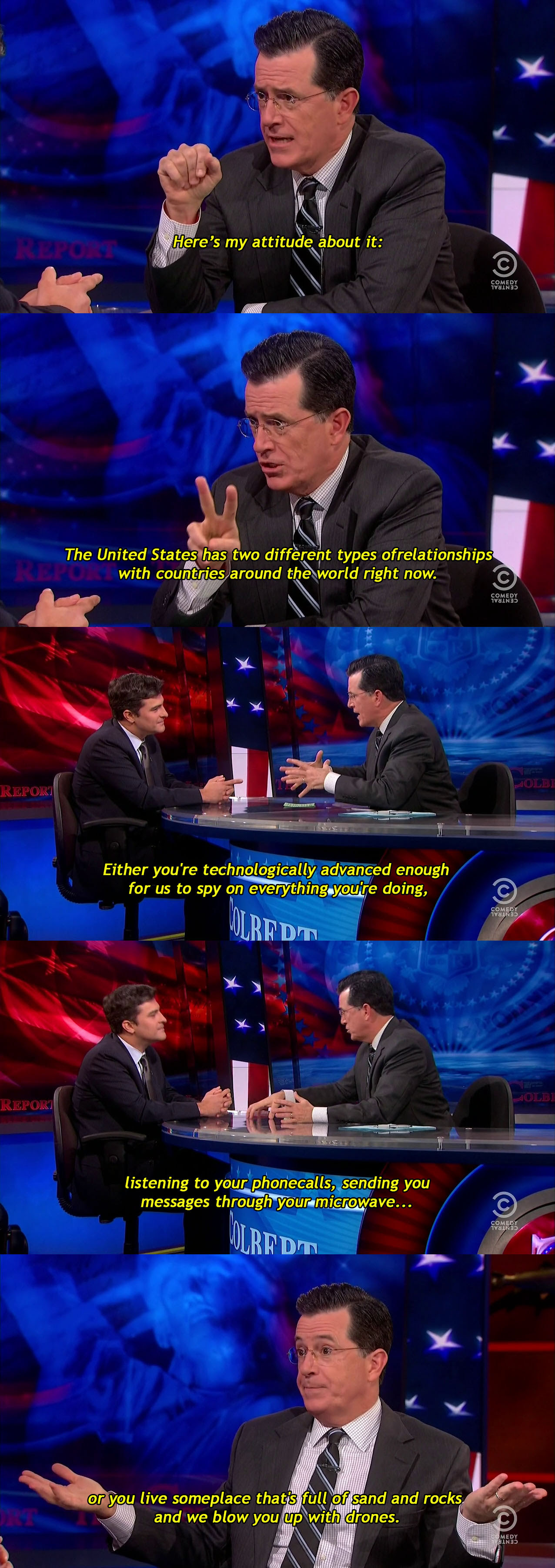 Stephen Colbert on the United States approach to foreign relations.