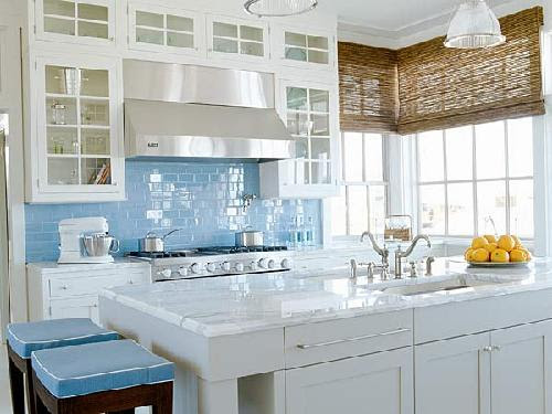 Blue subway tiles backsplash,
