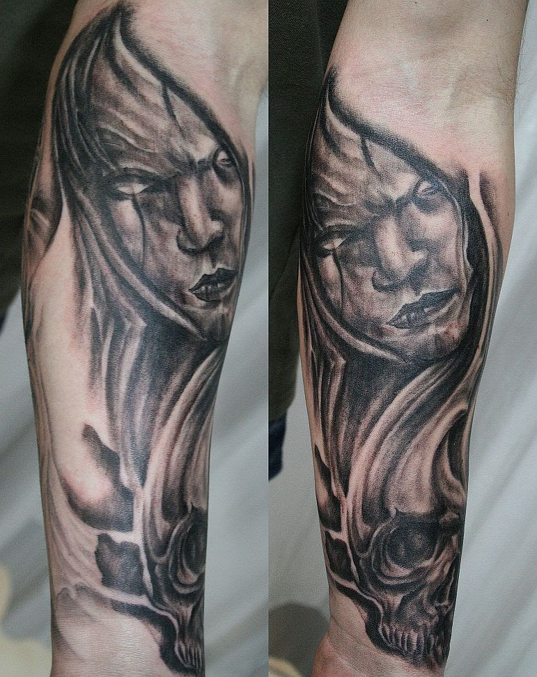 ( after) skull sleeve tattoo 3 by tatzbyjustin. From tatzbyjustin
