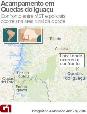Confronto entre MST e polícia deixa mortos e feridos em Quedas do Iguaçu (Foto: Arte / G1)