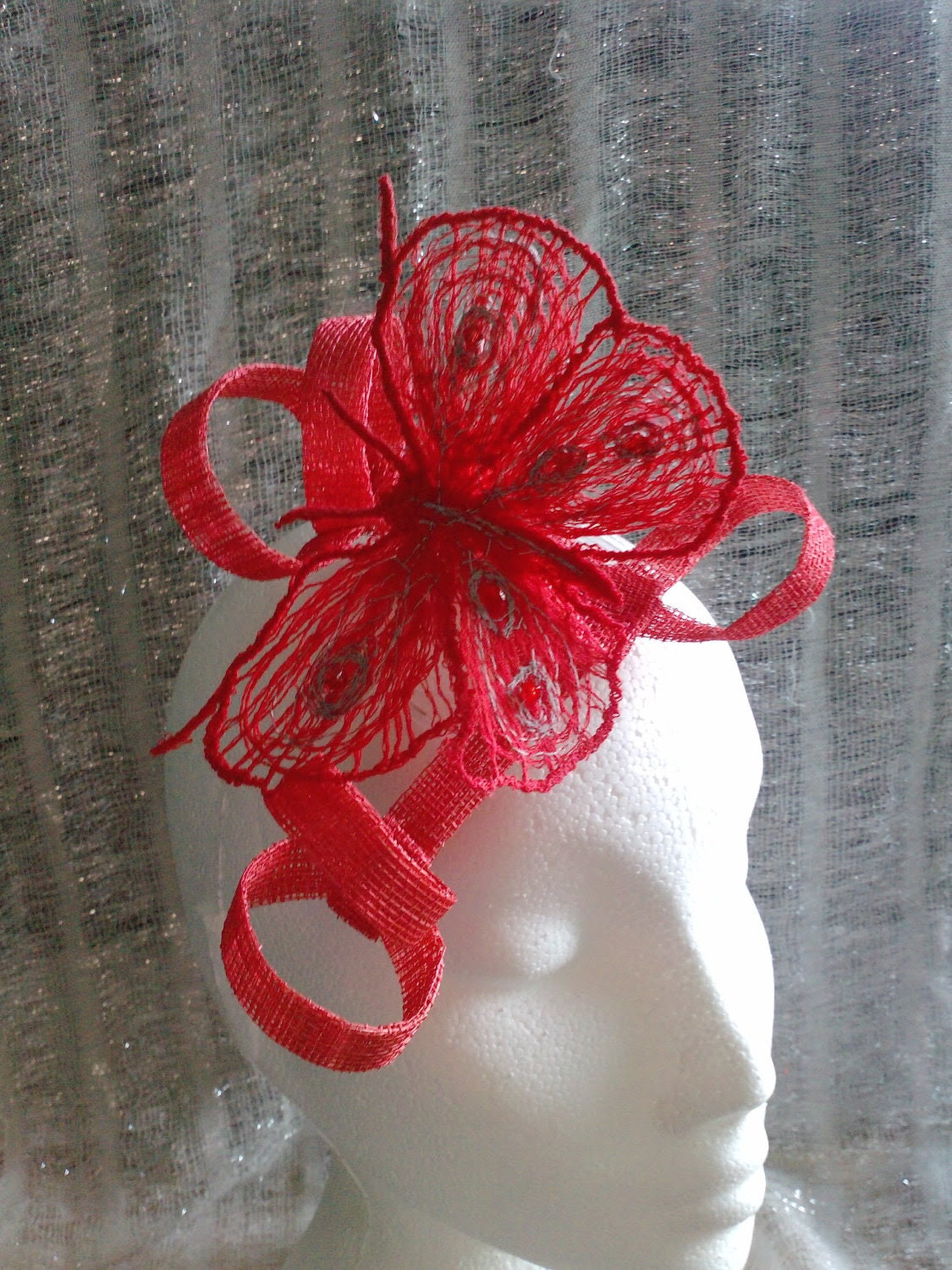 Poppy Scarlet Red Butterfly Sinamay Bespoke Fascinator Headpiece by Mariposamade