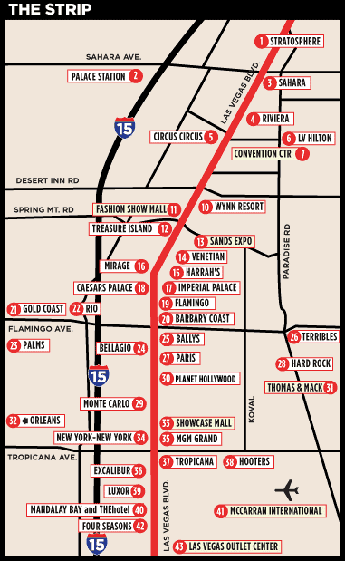 las vegas strip hotels. las vegas strip map with