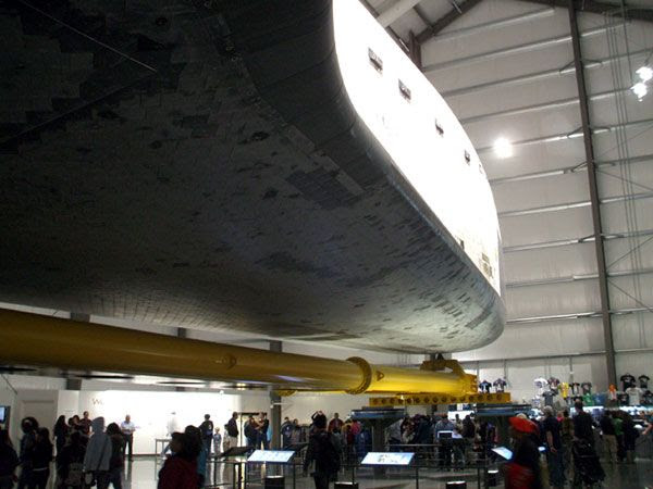 Visiting space shuttle Endeavour inside the Samuel Oschin Pavilion at the California Science Center in Los Angeles, on November 16, 2012.