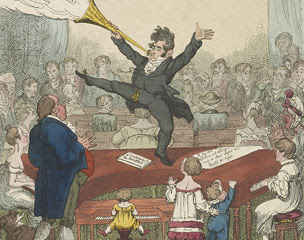 A German cartoon showing a man standing on a piano in front of a large crowd. Library of Congress, Prints and Photographs Division, LC-DIG-ds-01349