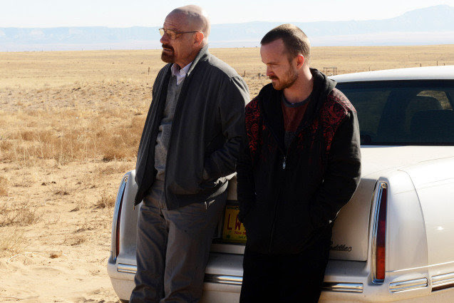 Walter White (Bryan Cranston) and Jesse Pinkman (Aaron Paul) - Breaking Bad _ Season 5, Episode 11 - Photo Credit: Ursula Coyote/AMC
