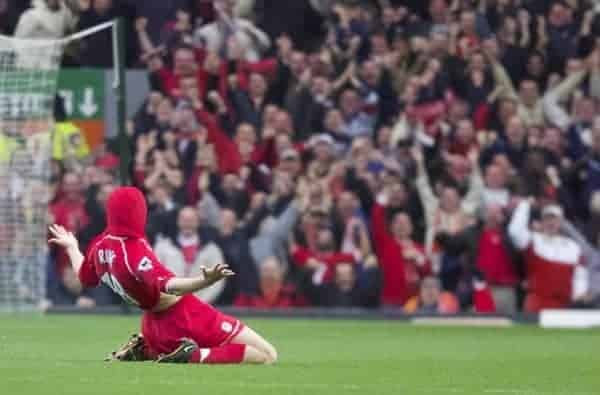 LIVERPOOL, ENGLAND - Sunday, November 4, 2001: Liverpool's John Arne Riise celebrates scoring the second goal against Manchester United during the Premiership match at Anfield. (Pic by David Rawcliffe/Propaganda)