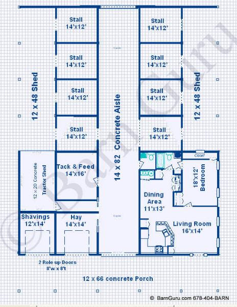 Horse Barn Plans With Living Quarters -5 Stalls - 3 Bedrooms Design
