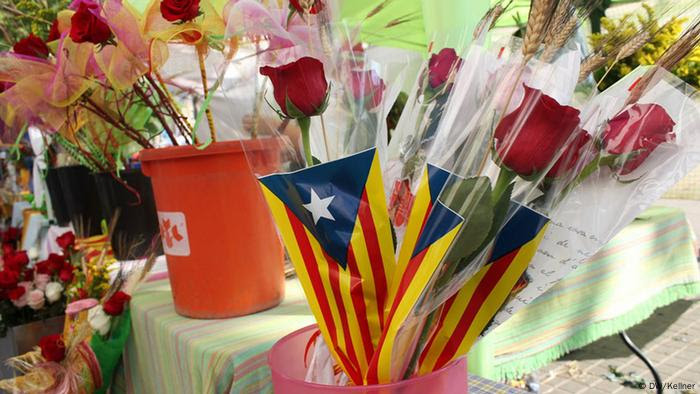 Roses in Catalonian flag wrapper (Photo: Hans-Günter Kellner / DW)