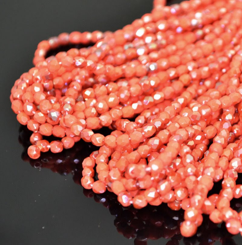 s40973 Firepolish - 3 mm Faceted Round - Coral Celsian (50)