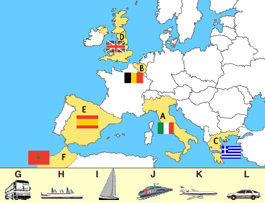 Map of euarope with England, Belgium, Italy, Greece, Spain and Morocco 