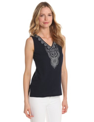 Jones New York Women's Sleeveless Tunk with Side Slits Embroidery, French Navy, Large