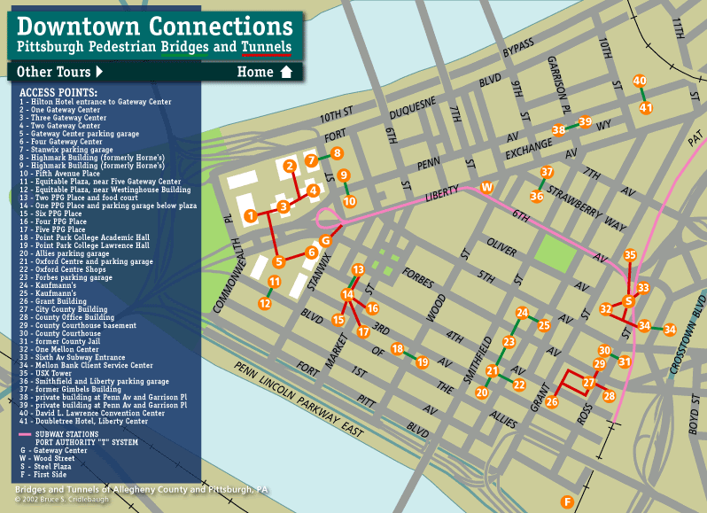 Map Of Downtown Pittsburgh Tours: Downtown Pedestrian Tunnels, Skywalks and Bridges   Bridges 