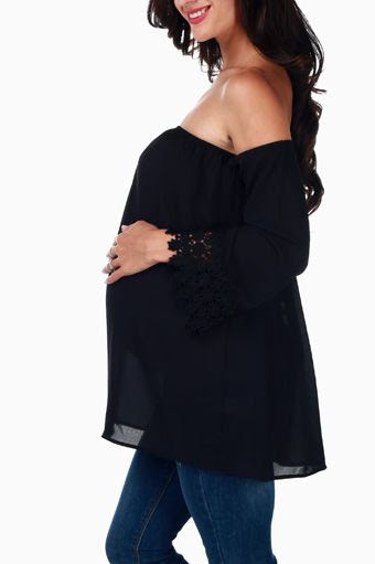 Black Crochet Accent Open Sleeve Maternity Blouse