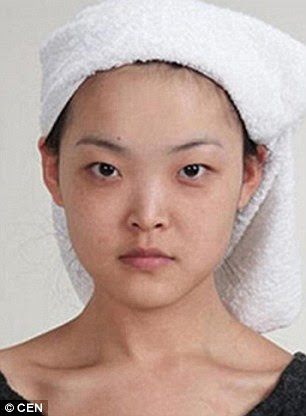 Wang Pingping, a 24-year-old tour guide, pictured before surgery - she underwent surgery to change her pear-shaped face, as well as a nose job and eye reconstruction surgery