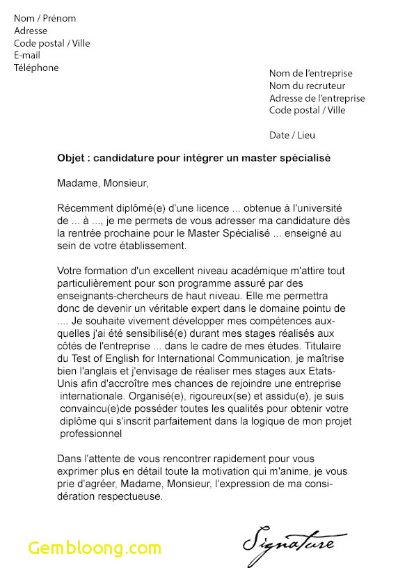 Lettre de motivation master specialise - Modele de lettre type