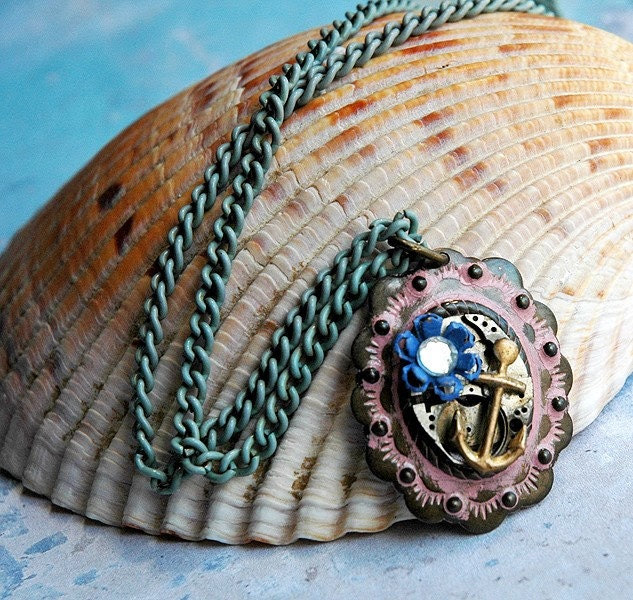 Saltwater Sweetheart - Vintage Mauve and Aqua Nautical Sailor Surf Natural History Steampunk Necklace