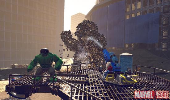 Spider-Man douses Sandman with a water cannon in LEGO Marvel Super Heroes