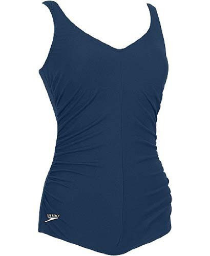Speedo Aquatic Endurance+ Polyester Side Shirred Contourback Swimsuit with Tummy Control, Navy, 22