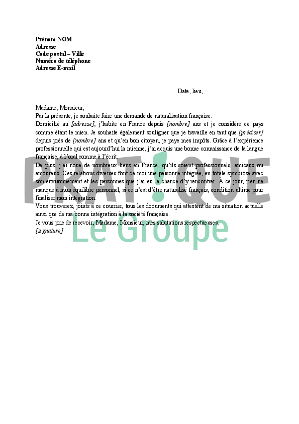 Lettre de demande de naturalisation française | Pratique.fr