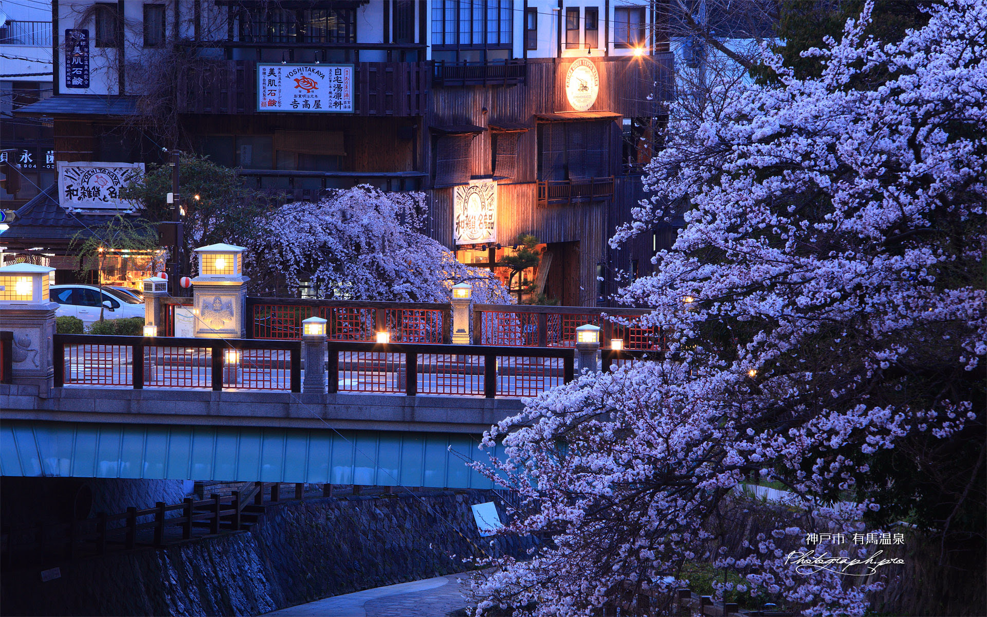 有馬温泉の桜 太閤橋 の壁紙 19x10