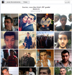 "Smile, you're caught! JRF watches!" says the caption on a French Facebook page that identified 32 Jews to be targeted for violence. Photo: Screenshot / Facebook. 