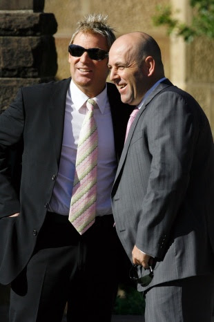 Shane Warne and Darren Lehmann at the funeral service for Jane McGrath, Sydey, June 22, 2008