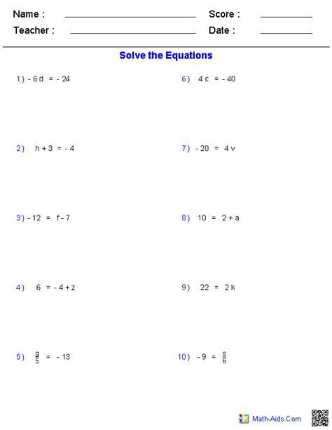  one step equations worksheets containing integers math aidscom