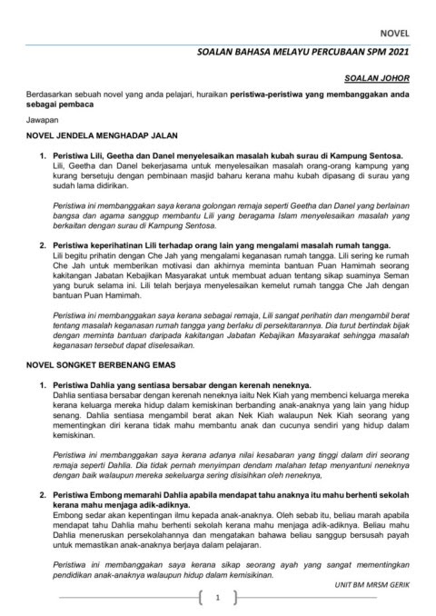Koleksi Soalan Novel Percubaan Spm 2021