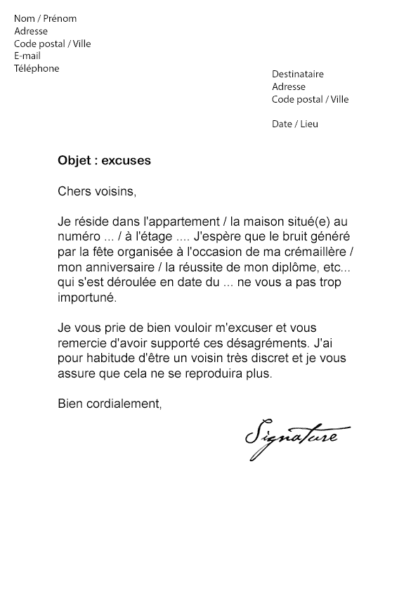 Lettre d'excuse Voisin (Suite à une soirée) - Modèle de Lettre