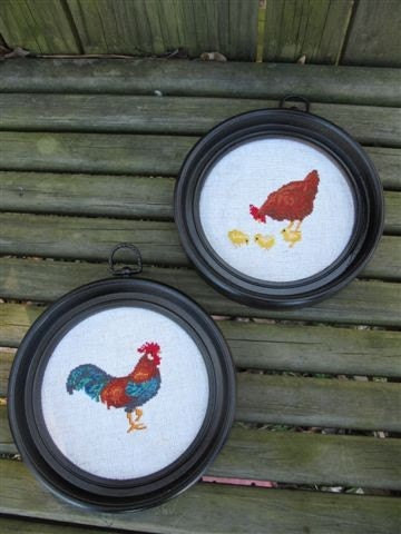 Vintage Pair of Rooster, Hen, Chicks Cross Stitch Wall Hangings