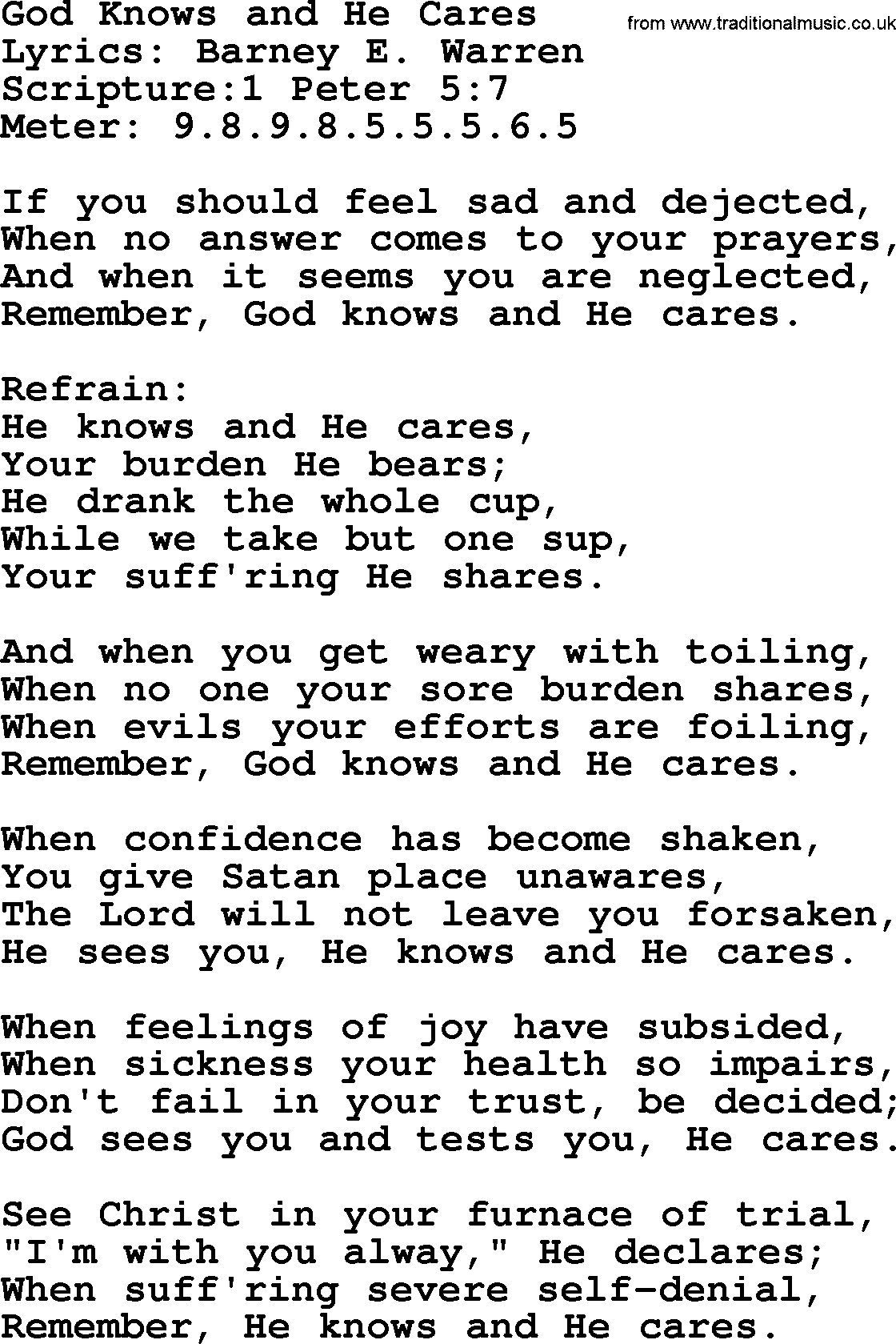 Good Old Hymns God Knows And He Cares Lyrics Sheetmusic Midi Mp3 Audio And Pdf