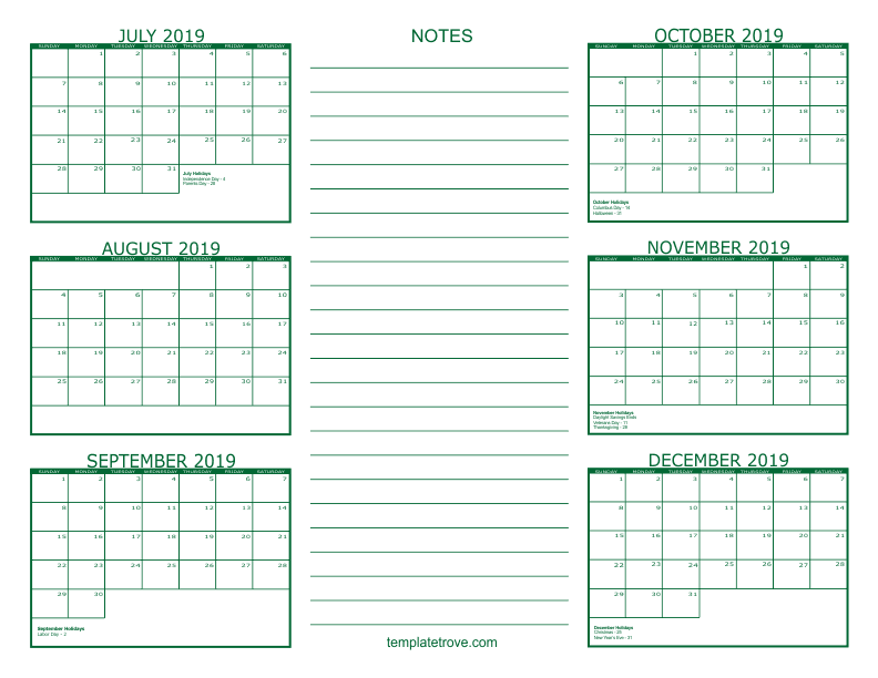 6 month calendar 2019