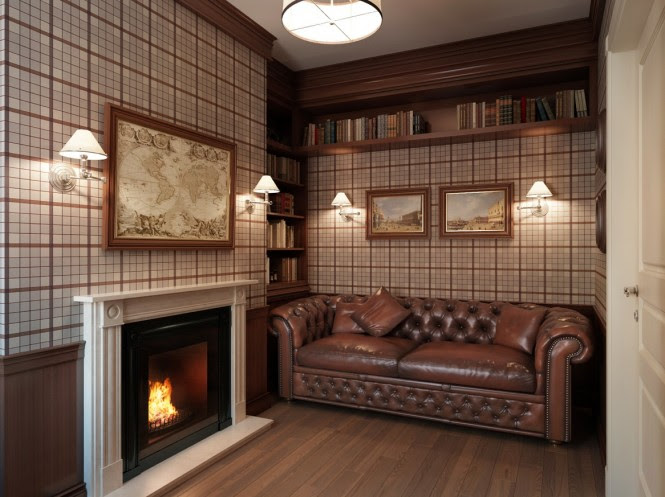 Plaid wallpaper den lounge A masculine themed den-cum-study complete with Chesterfield sofa, muted plaid wallcovering, roaring fireplace, and artwork pertaining to world travel and adventure, evokes the secrecy of an old-world gentlemen's lodge.