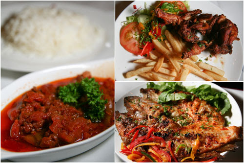 egg plant dish (musaka'a), fried spring chicken, grilled fish