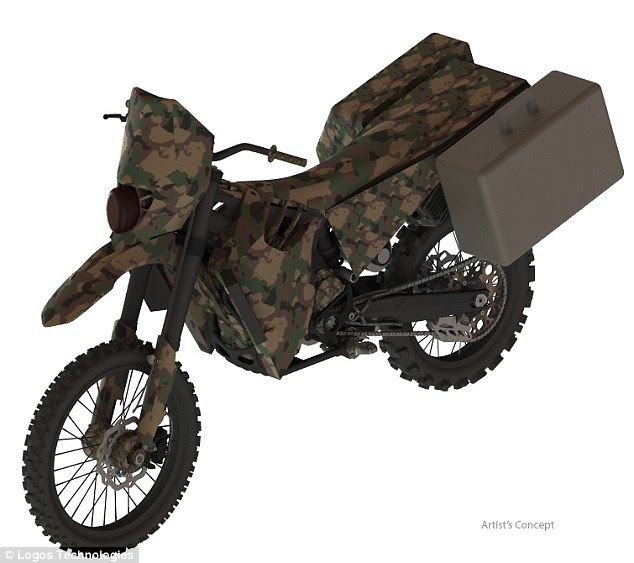 Silent Hawk is a hybrid engine bike for use in reconnaissance missions. The idea is that for normal operations, the bike would use diesel, gasoline or jet fuel. But when it gets closer to the enemy, it would run almost silently on electricity