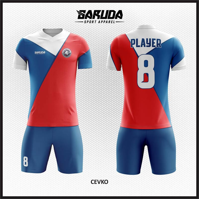 Desain Baju Futsal  Code Cevko Warna Merah Putih Biru 