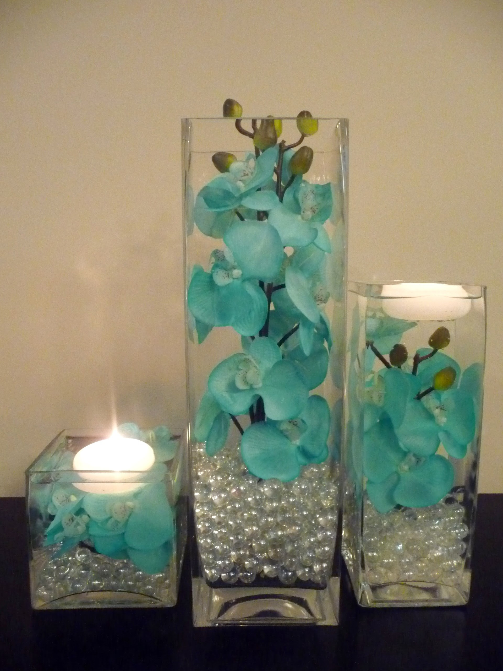 Teal Turquoise hand painted Orchids in 3 Pc Vase and Teal Turquoise hand painted Orchids in 3 Pc Vase and