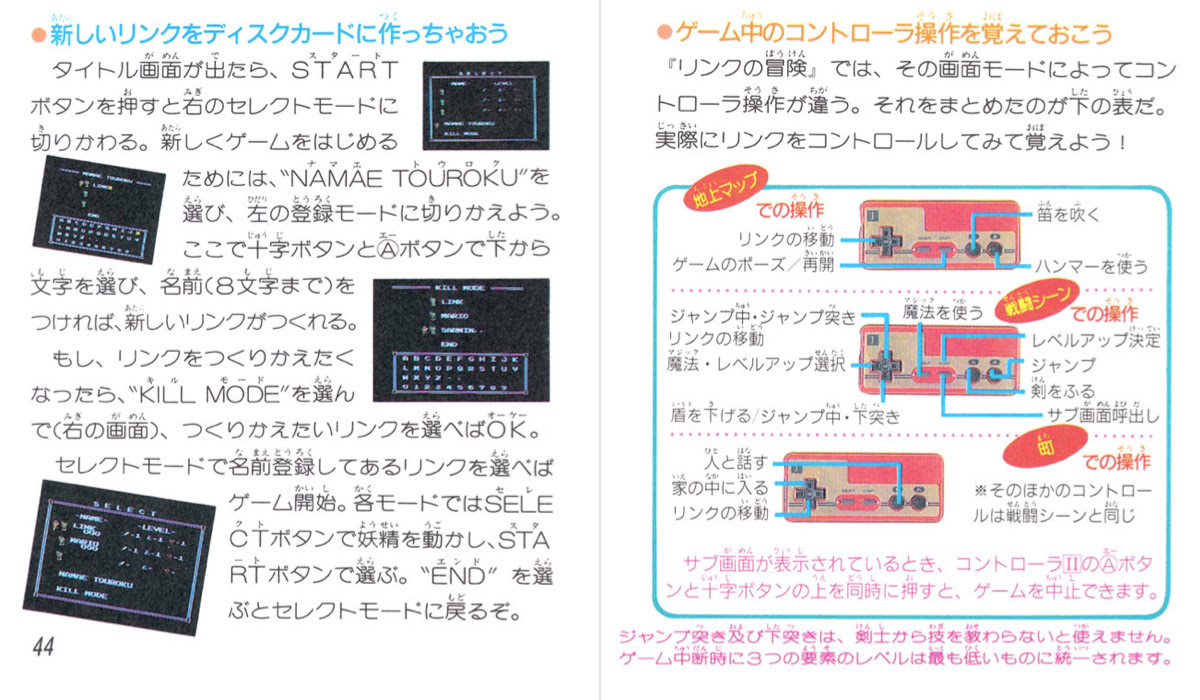 ゼルダの伝説2 リンクの冒険 説明書 P44 45 ゼルダの伝説2 リンクの冒険 完全攻略 ゲーム攻略メモ
