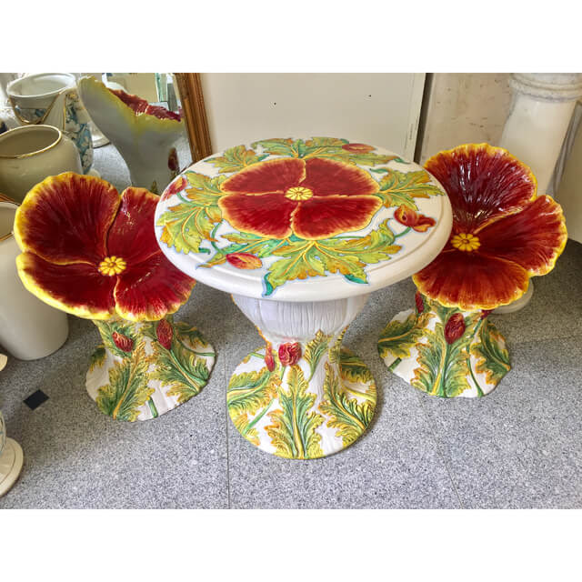Garden Furniture ガーデンテーブルチェア３点セット 陶器 ハンドペイント イタリア Ib Selection Hge00