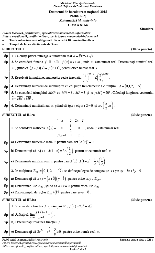Subiecte Simulare Bac 2018 Subiectele De La Simularea La Matematica Si Istorie Clasele A Xi A Si A Xii A Si Baremul De Corectare Hotnews Mobile