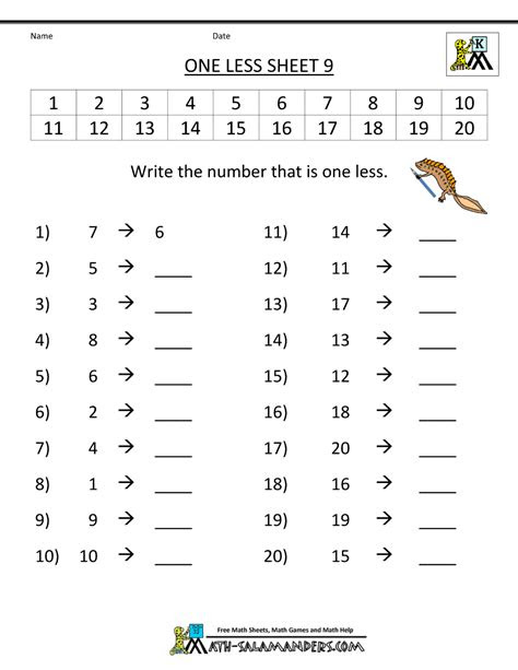 Click the buttons to print each worksheet and answer key. kindergarten math printable worksheets one less
